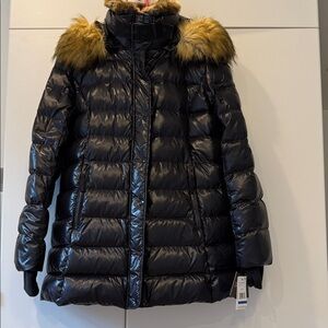 S13 NEW YORK ~ XL Chelsea High-Shine Faux-Fur-Trim Hooded Down Puffer Coat
